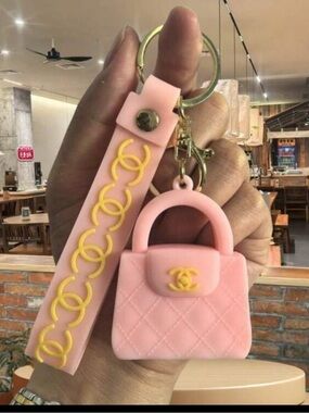 CHANEL Pink & Gold Quilted Handbag Keychain and Strap